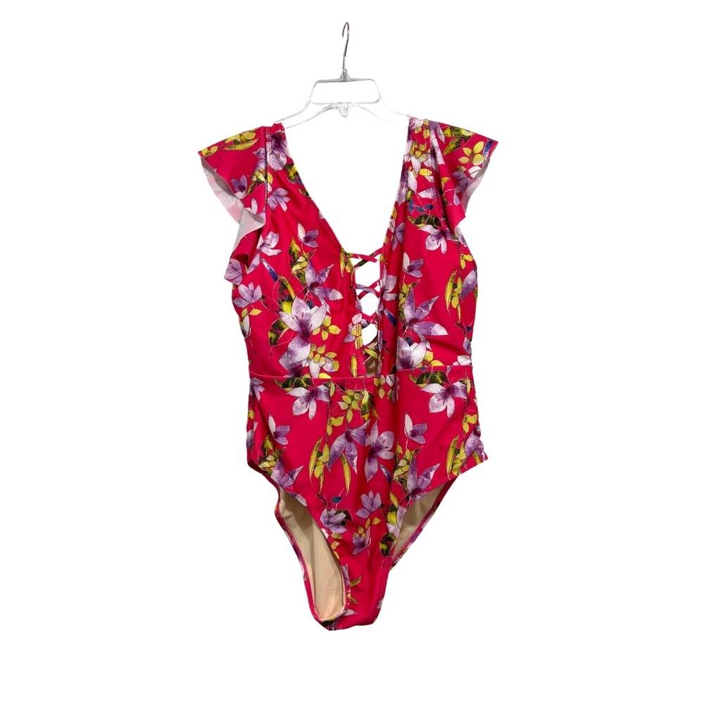 Zawary Swimwear Womens 3XL Pink Floral Lace Up Ruffle One Piece Swimsuit 1832M